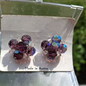 Austria purple Aurora borealis beaded clip on silver earrings New